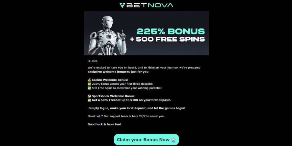 Betnova Casino mail confirmation inscription